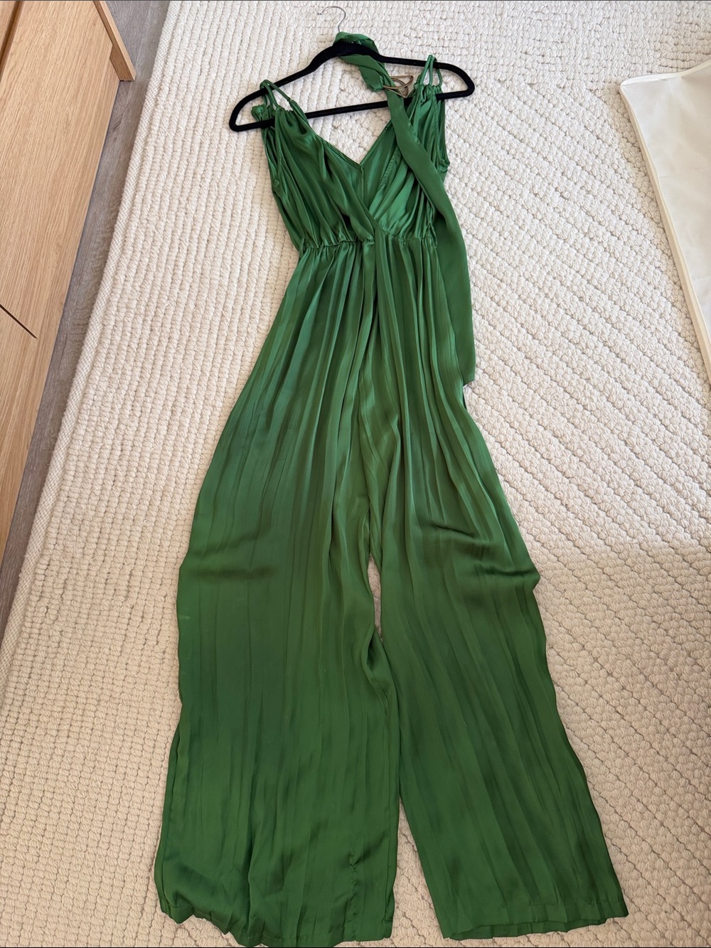 Zara Green Satin Pleated Wide-Leg Jumpsuit